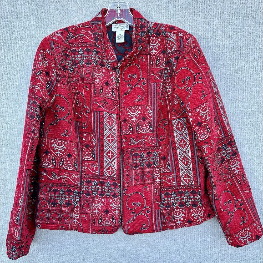 Red Tapestry Patchwork Zip Jacket Artsy Boho Cottagecore Grandmacore Petite L